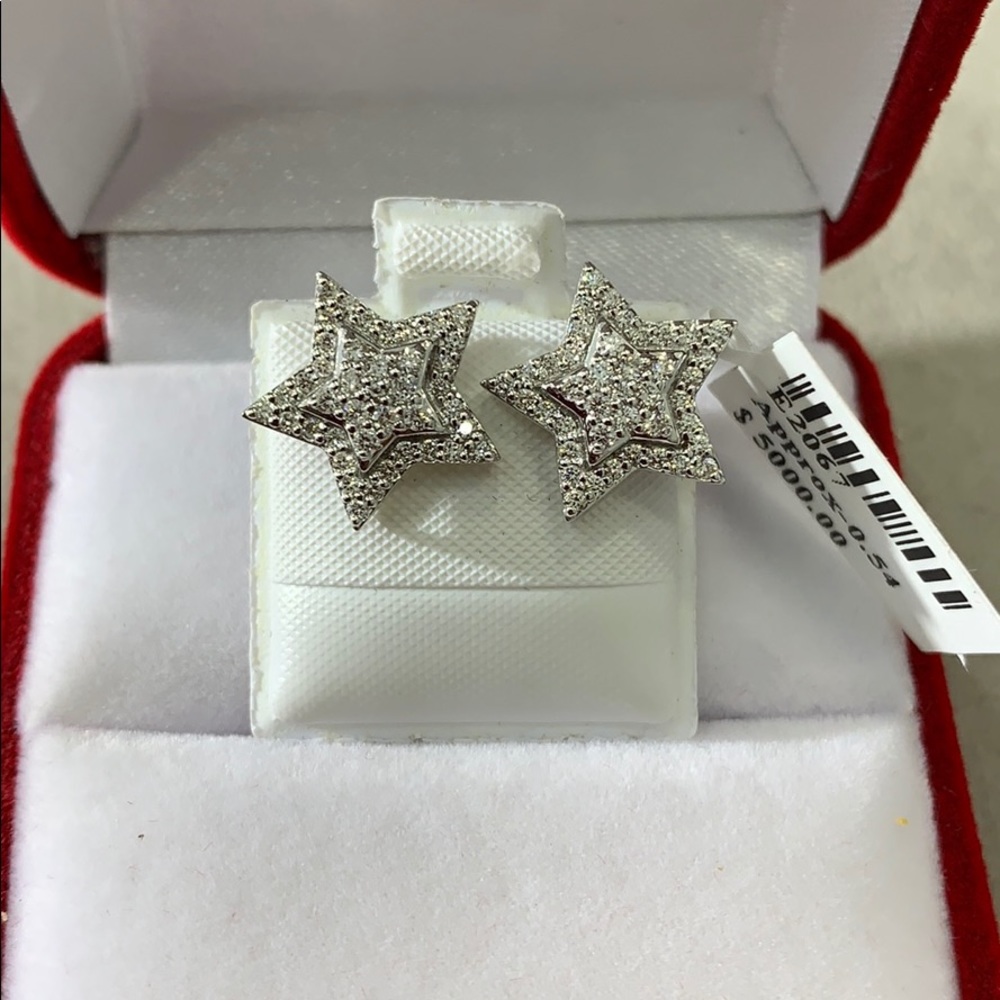 14K White Gold and Diamond Puffed Star Earrings